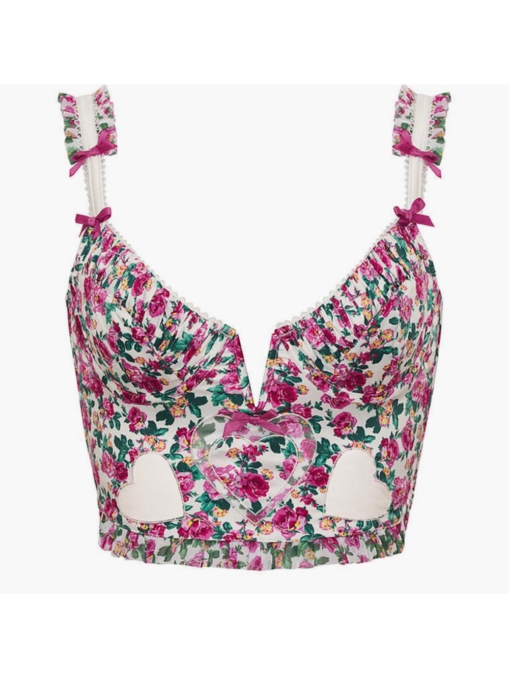 For Love & Lemons Pink Floral Bustier Crop Top with Heart Cutouts